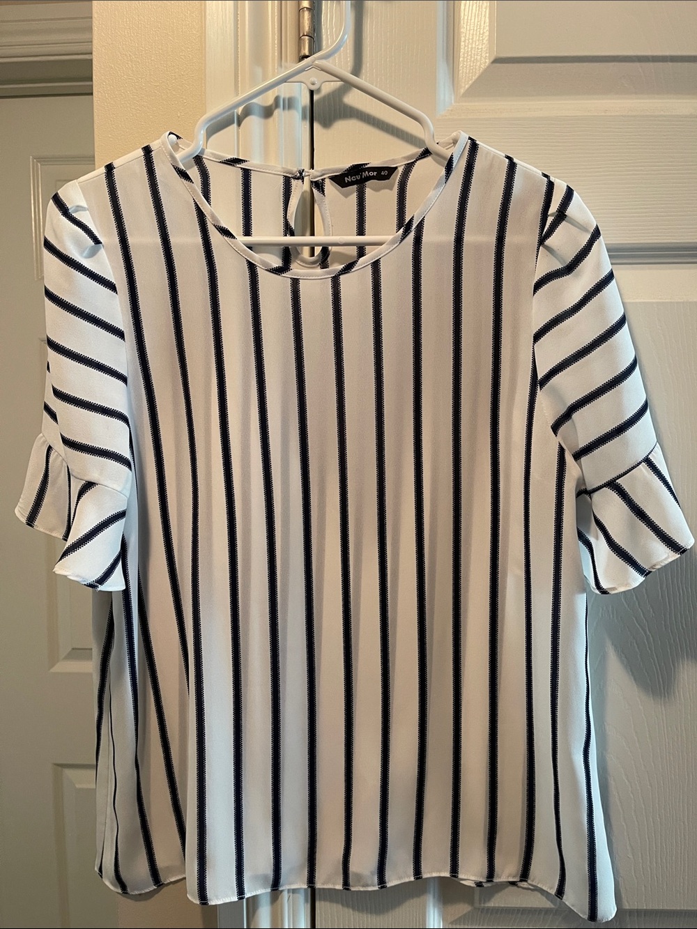 New Me Black & White Vertical Stripe Ruffle-Sleeve Blouse